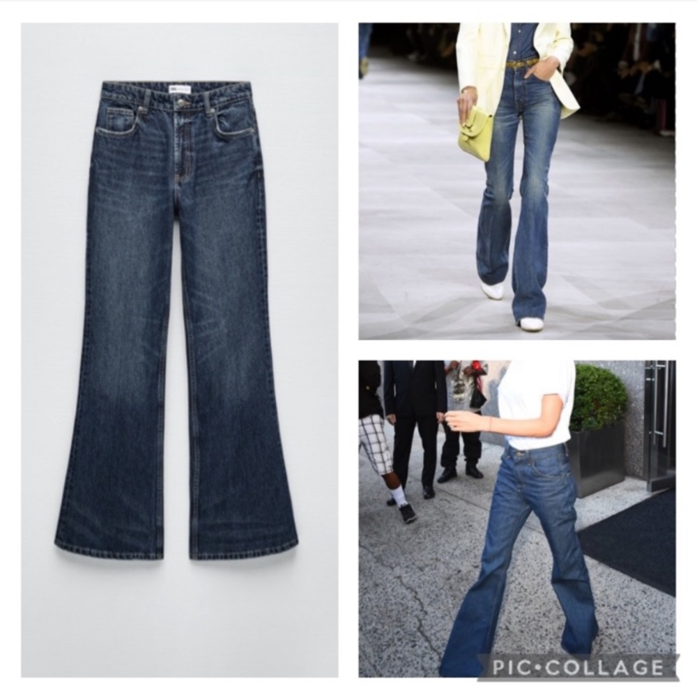 ZARA high rise full length flare leg jeans blogger favorite